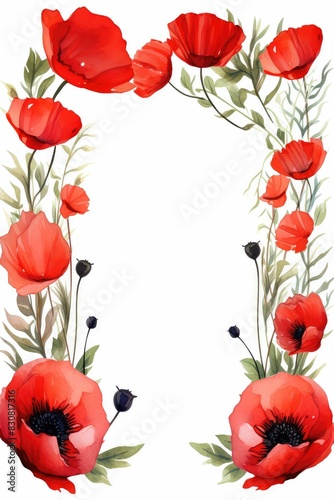 poppy themed frame or border for photos and text.with vibrant red petals and black centers. watercolor illustration  Perfect for nursery art  simple clipart  single object  white color background. 