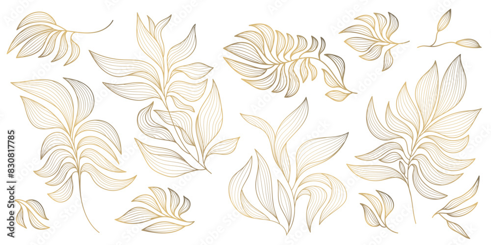 Vector set of gold wavy leaves isolated, plant branch line illustration, luxury foliage decoration. Vintage ornament elements, jungle, summer background Vector set of gold wavy leaves isolated, plant branch line illustration, luxury foliage decoration. Vintage ornament elements, jungle, summer background