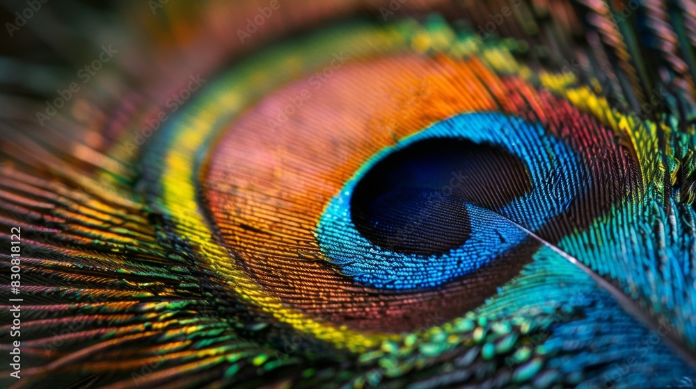 Obraz premium A close-up of a vibrant peacock feather with its stunning iridescent colors.