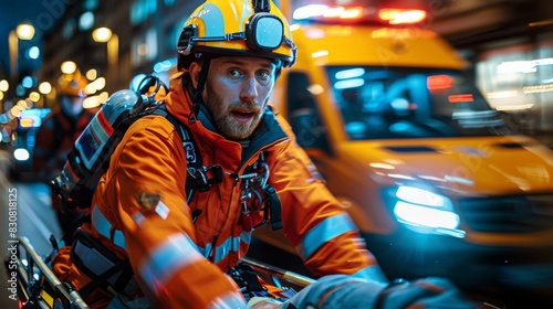 A paramedic is on a gurney with equipment, ready for emergency response, against a backdrop of city lights at night