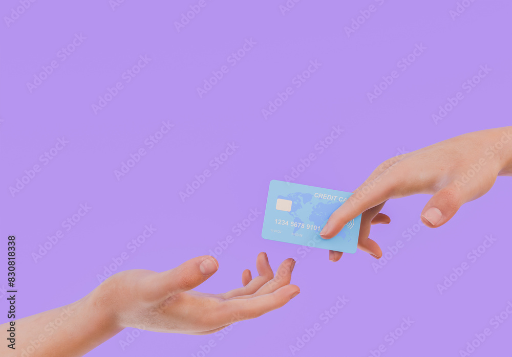 Hands Exchanging Blue Credit Card on Purple Background with Copy Space Hands Exchanging Blue Credit Card on Purple Background with Copy Space