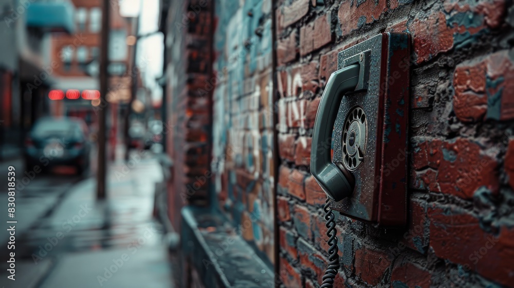 A brick wall with a phone on it A brick wall with a phone on it