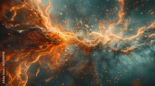 This image is an artistic representation of a fiery explosion or particle collision with dynamic movement and energy photo