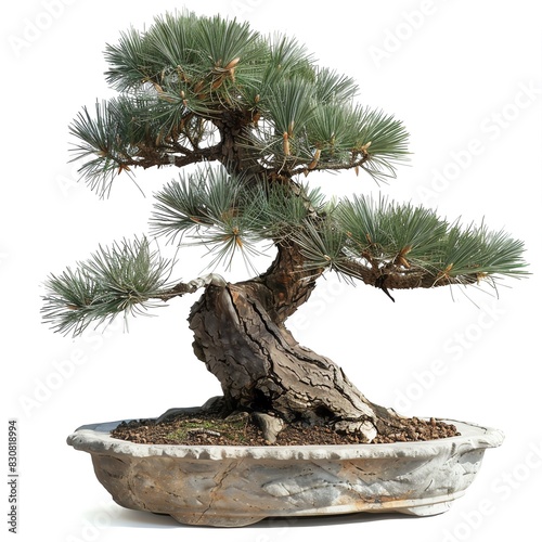 Pine Bonsai with rugged, textured bark, isolated white background photo