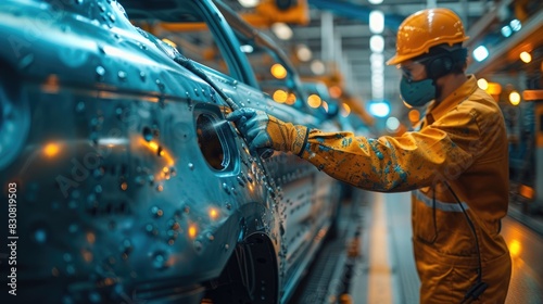 A worker in a face mask and safety gear inspects a car on an assembly line. photo