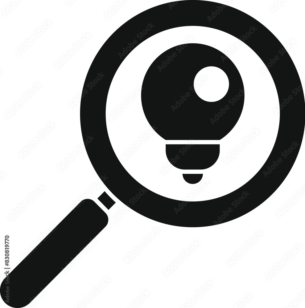 Black and white image featuring a magnifying glass positioned over a light bulb symbol Black and white image featuring a magnifying glass positioned over a light bulb symbol