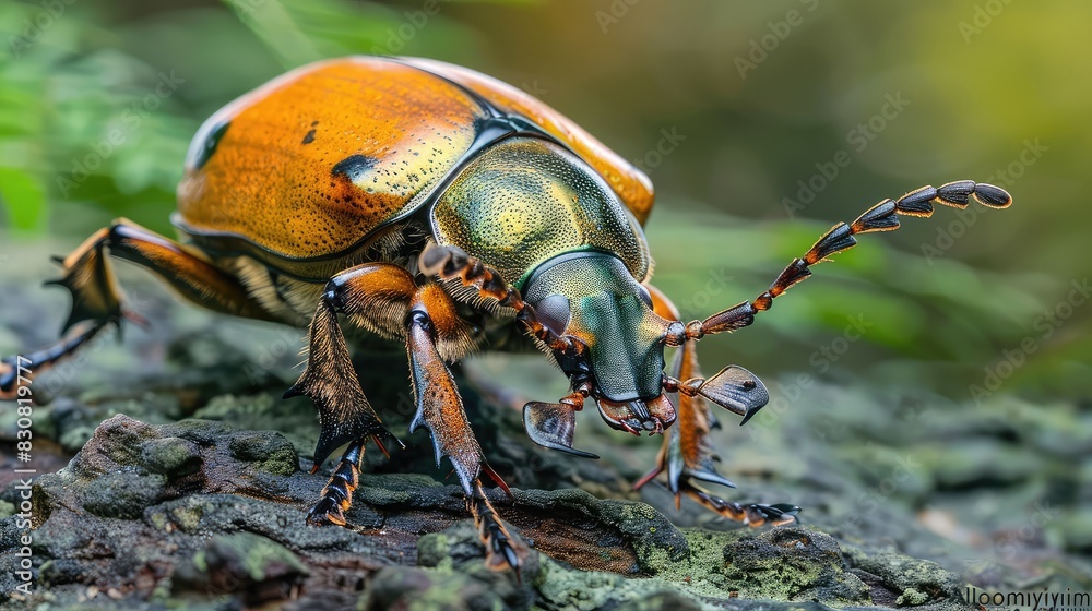 Fototapeta premium A stag beetle crawling along a forest path, its large, imposing form contrasting with the delicate foliage and undergrowth that lines its path.