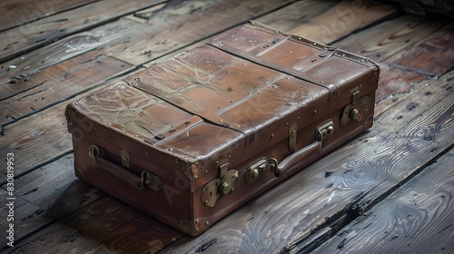 A brown leather suitcase sits on a wooden table © Vilayat