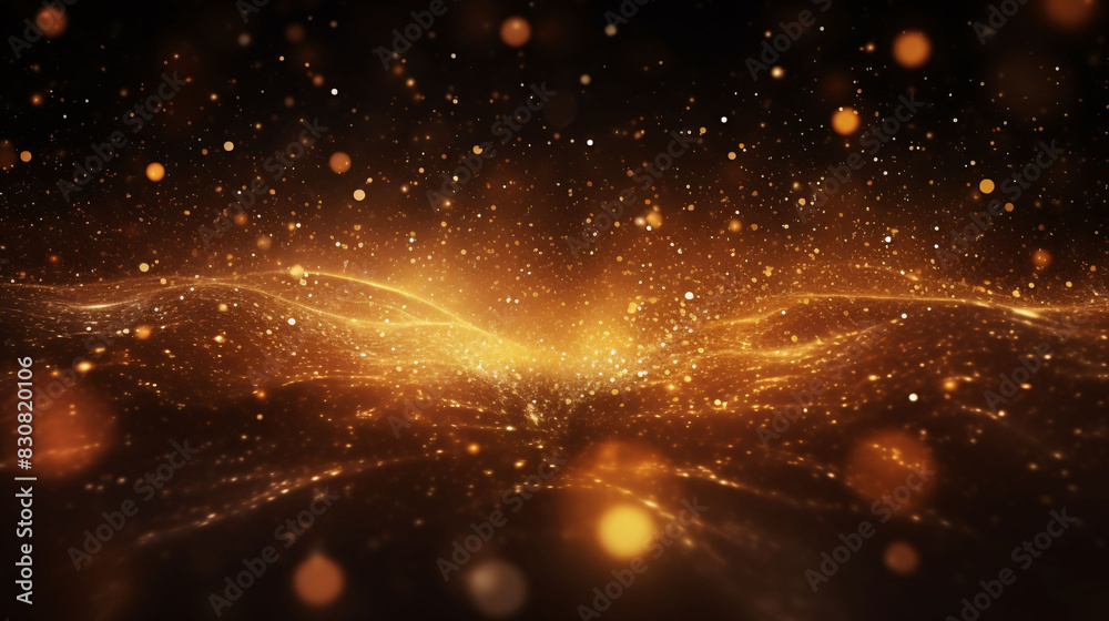 Obraz premium Dark abstract background with golden waves and particles