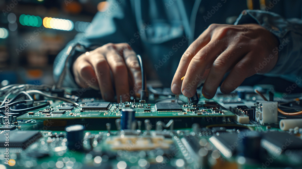 A man is working on a computer chip. Concept of precision and focus as the man carefully handles the delicate electronic components. The scene suggests that the man is a skilled technician or engineer A man is working on a computer chip. Concept of precision and focus as the man carefully handles the delicate electronic components. The scene suggests that the man is a skilled technician or engineer