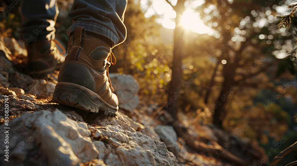 A person is standing on a rocky surface wearing hiking boots. The boots are brown and have laces. The person is looking ahead, possibly preparing to continue their hike A person is standing on a rocky surface wearing hiking boots. The boots are brown and have laces. The person is looking ahead, possibly preparing to continue their hike