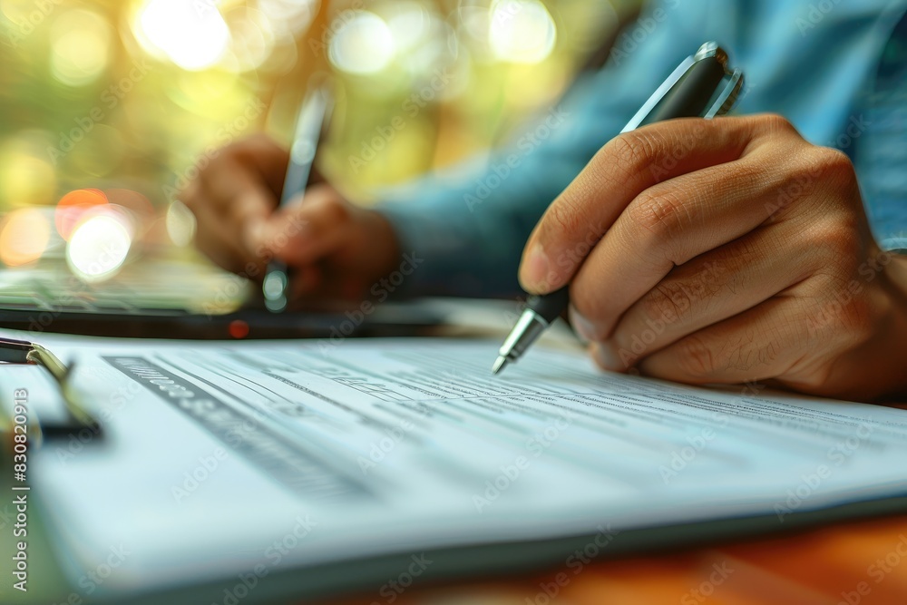 Closeup of hands filling out paperwork with a pen. A businessperson working at a desk. Focus on the hand and pen. Closeup of hands filling out paperwork with a pen. A businessperson working at a desk. Focus on the hand and pen.
