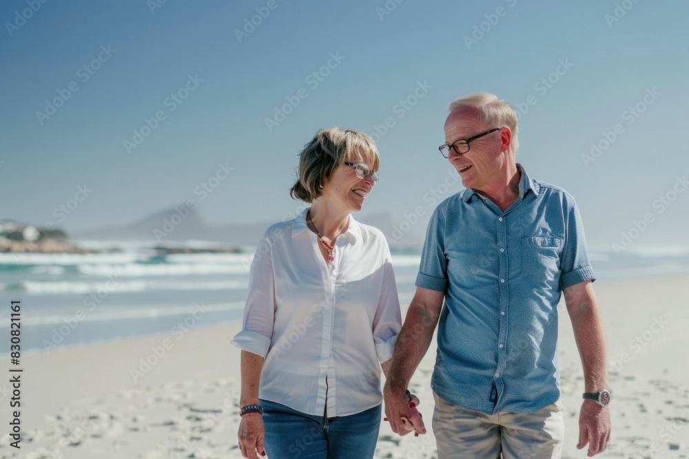 Happy elderly couple enjoying a romantic beach getaway under clear sky with serene ocean view Happy elderly couple enjoying a romantic beach getaway under clear sky with serene ocean view