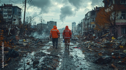 An apocalyptic view of two individuals in disaster relief gear walking through a devastated urban environment photo