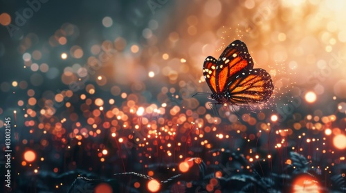 A butterfly is flying in a field of grass with a lot of light shining on it © Vilayat