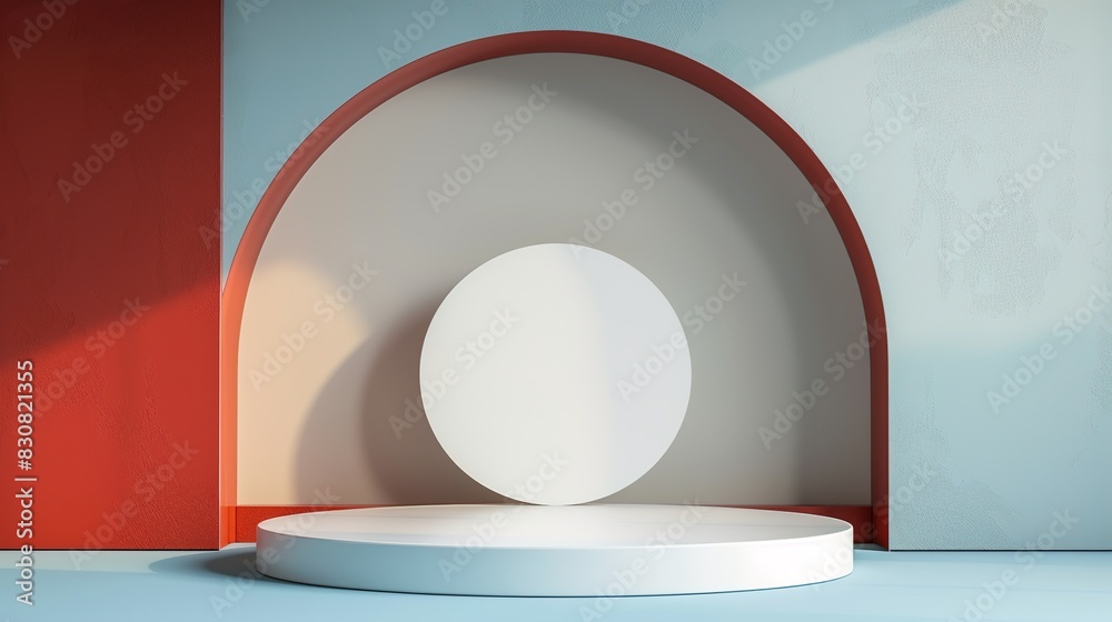 Empty Showcase for Cosmetic Product Presentation and Promotion, Circle White Podium on Light Blue and Red Brown Background Empty Showcase for Cosmetic Product Presentation and Promotion, Circle White Podium on Light Blue and Red Brown Background