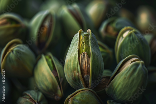 Close-up of clustered green pistachios, nuts photo