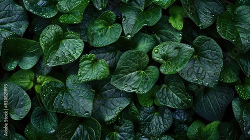 Texture of damp dark green Ground Ivy leaves photo