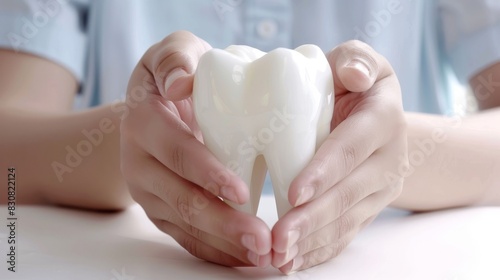 Hands Holding White Tooth Model photo