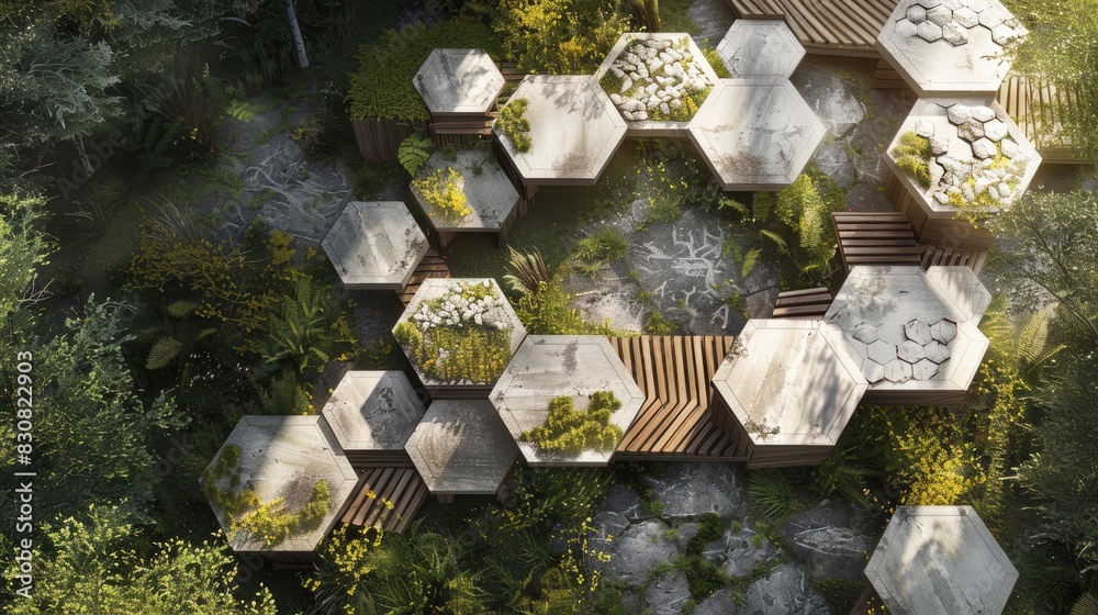 garden seating made from concrete with wood and greenery in the shape of hexagon for outdoor use, different views. garden seating made from concrete with wood and greenery in the shape of hexagon for outdoor use, different views.