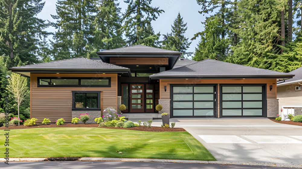 Fototapeta premium Contemporary low slope roof brown siding glass garage door in a new Northwest,A luxurious new construction home, Modern style of home with car garage,Luxury modern house with a garage. Home exterior