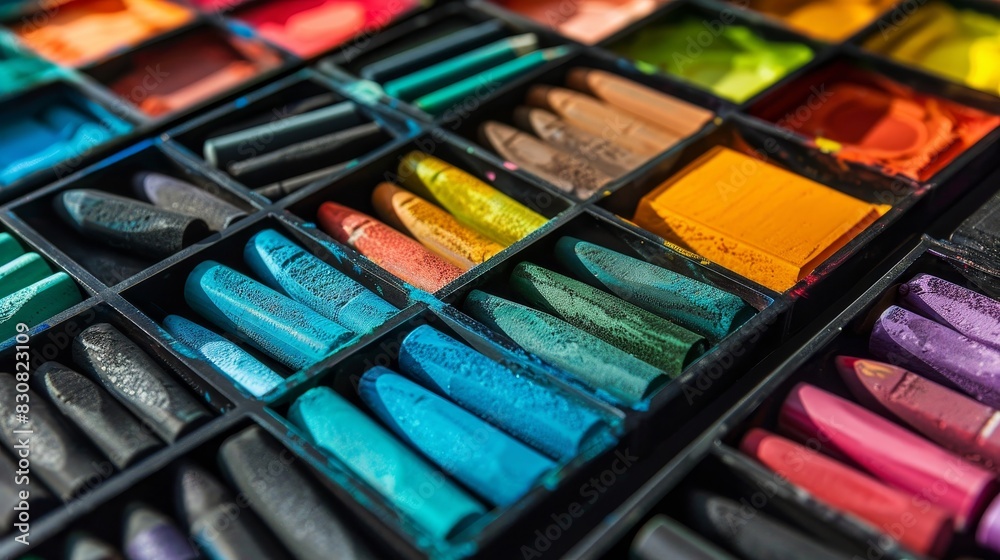 Naklejka premium Closeup of colorful chalk pastels in a neat layout, focus on, supply organization, futuristic, Silhouette, craft room backdrop
