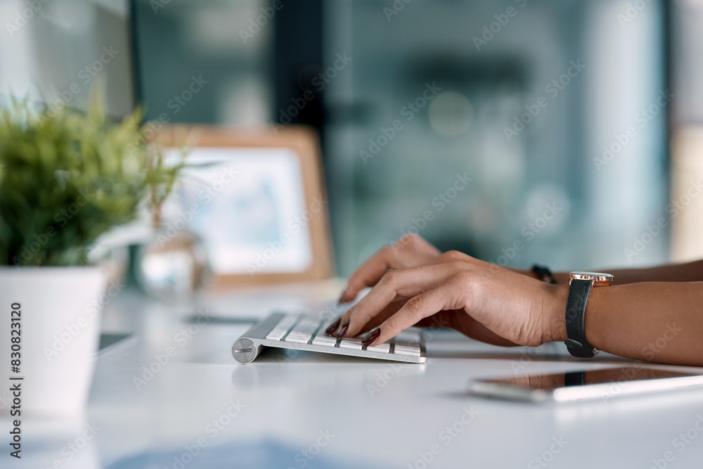 Woman, hand and typing on computer in office for email or communication, task management and spreadsheet for time tracking. Business, entry and report or document for productivity and deadline Woman, hand and typing on computer in office for email or communication, task management and spreadsheet for time tracking. Business, entry and report or document for productivity and deadline