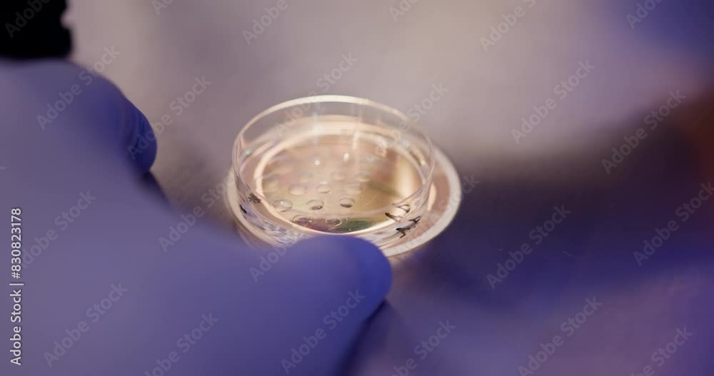 Close-up shot of IVF procedure. Hand of embryologist with pipette during procedure for placing embryo in cryoprotectant. Petri dish with drops of cryoprotectant standing under microscope. Close-up shot of IVF procedure. Hand of embryologist with pipette during procedure for placing embryo in cryoprotectant. Petri dish with drops of cryoprotectant standing under microscope.