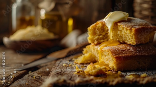 Close-up of cornbread with melted butter, copy space, comfort food, whimsical, Blend mode, rustic kitchen backdrop