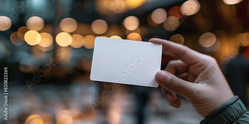 Closeup of a business card in hand, blurred background of a networking event, professional setting, highquality image, vibrant and engaging, perfect for business scenes