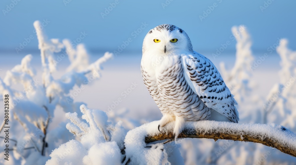 Majestic Snowy Owl Perched on Snow-Covered Branch in Winter Forest Majestic Snowy Owl Perched on Snow-Covered Branch in Winter Forest