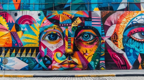 Colorful mural with street art graffiti and traditional motifs, focus on, cultural blend, vibrant, Overlay, cityscape backdrop