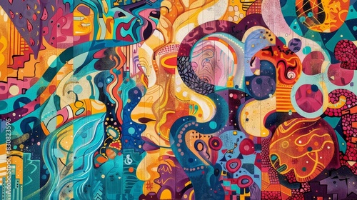 Colorful mural with street art graffiti and traditional motifs, focus on, cultural blend, vibrant, Overlay, cityscape backdrop