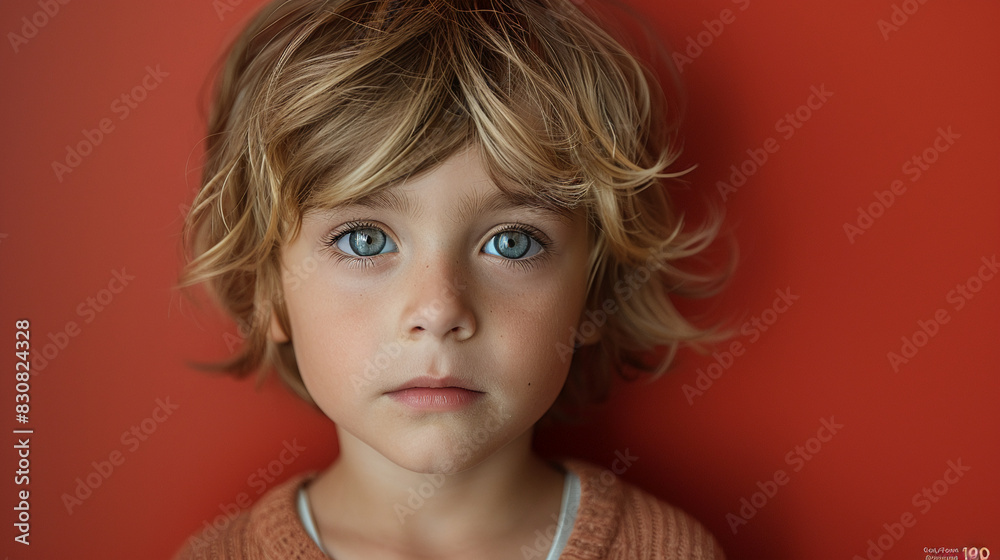 Professional studio photo portrait of a cute little boy, lovely kid with naive face, a pretty child with a emotional expression, widescreen 16:9