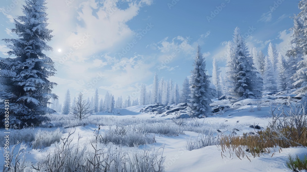Snow covered winter scenery with trees grass and snowy terrain