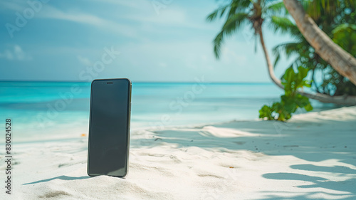 mobile phone mockup with a blank screen, positioned on pristine white sand at a tropical beach. The background clear blue sea water gently lapping at the shore