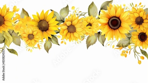 Beautiful border of vibrant sunflowers and green leaves. Perfect for summer designs, invitations, and decorations.