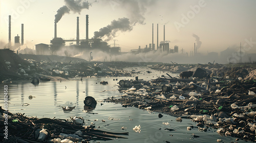 Ecological problems, a polluted river with trash and plastic waste floating on the surface, industrial factories in the background emitting thick smoke,