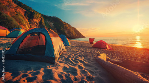 vibrant photo of summer vacation at a seaside campsite, tents pitched near the shore, with the sea sparkling under the sunlight.