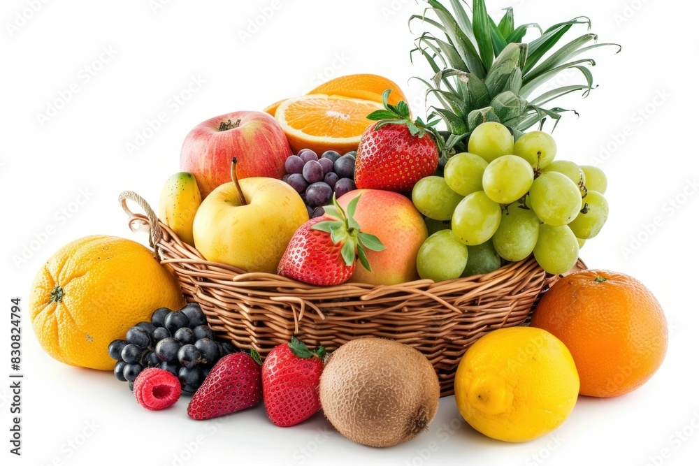 Wicker basket filled with fresh fruits for healthy eating and wellness concept on white background Wicker basket filled with fresh fruits for healthy eating and wellness concept on white background