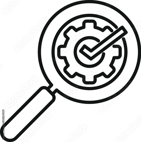 Quality control concept icon with magnifying glass, check mark, and gear symbol for assurance and verification process in engineering, manufacturing, and industry