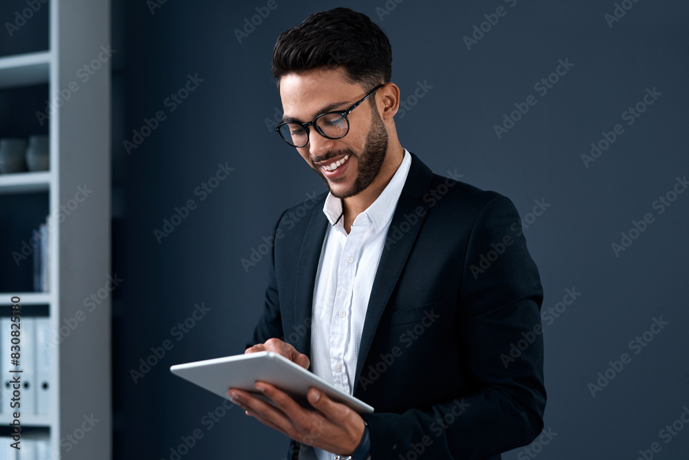 Tablet, happy and businessman in office with research on stock market for company investment. Communication, smile and male financial advisor reading online email on digital technology in workplace. Tablet, happy and businessman in office with research on stock market for company investment. Communication, smile and male financial advisor reading online email on digital technology in workplace.