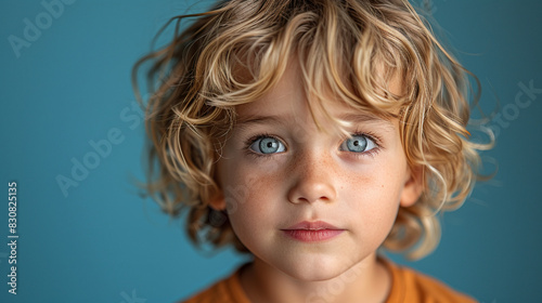 Professional studio photo portrait of a cute little boy, lovely kid with naive face, a child with a emotional expression, widescreen 16:9
