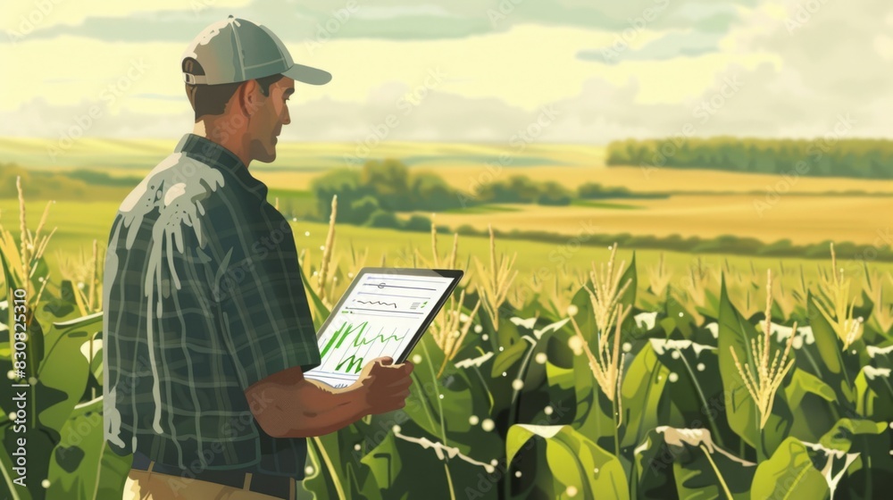 A farmer analyzing big data on a tablet in a vast cornfield, with charts and graphs visible, in a realistic style, with warm and natural tones. --ar 16:9 --style raw A farmer analyzing big data on a tablet in a vast cornfield, with charts and graphs visible, in a realistic style, with warm and natural tones. --ar 16:9 --style raw