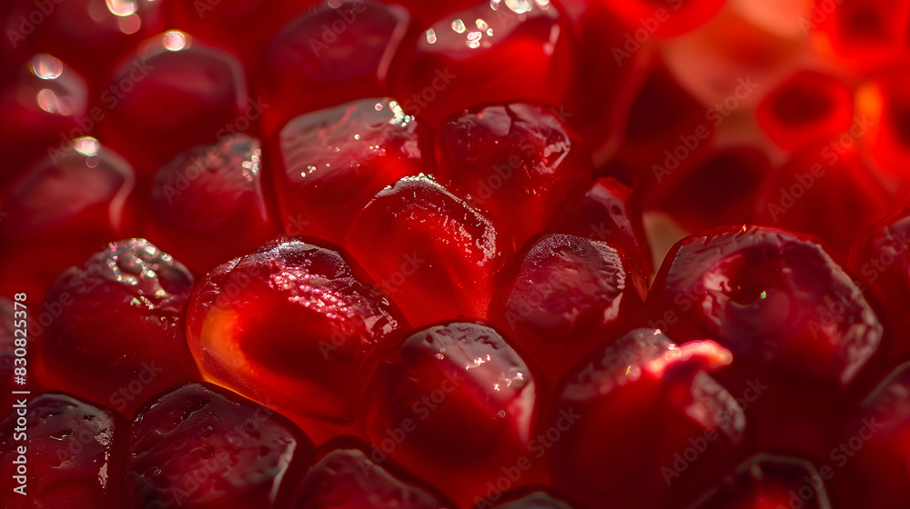 An intricate close-up of a pomegranate split open, with the ruby-red seeds glistening in the light and casting tiny, intricate shadows, highlighting the vibrant colors and textures of the fruit. An intricate close-up of a pomegranate split open, with the ruby-red seeds glistening in the light and casting tiny, intricate shadows, highlighting the vibrant colors and textures of the fruit.