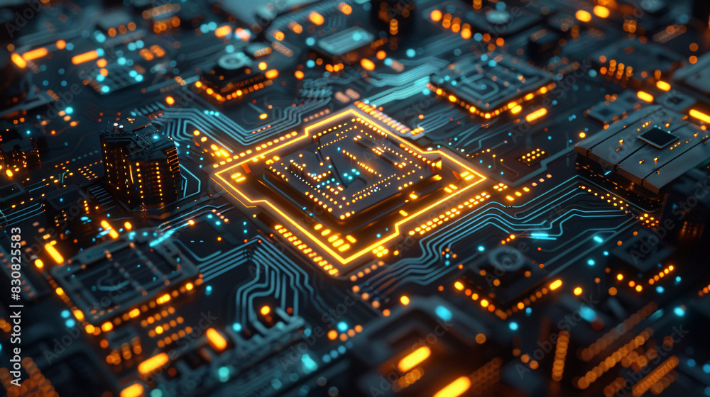 A computer chip with a brain symbol on it. The chip is orange and black A computer chip with a brain symbol on it. The chip is orange and black