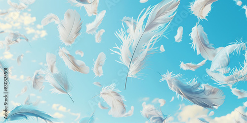 Realistic digital image of delicate white feathers floating on a soft blue sky background