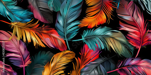 A digital creation showcasing a mix of richly colored feathers on a black backdrop, emphasizing their beauty and texture