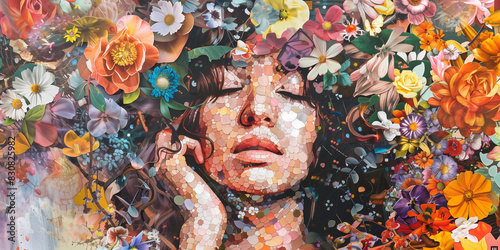 A vivid abstract painting of a woman's face adorned with a colorful assortment of flowers, creating an artistic effect
