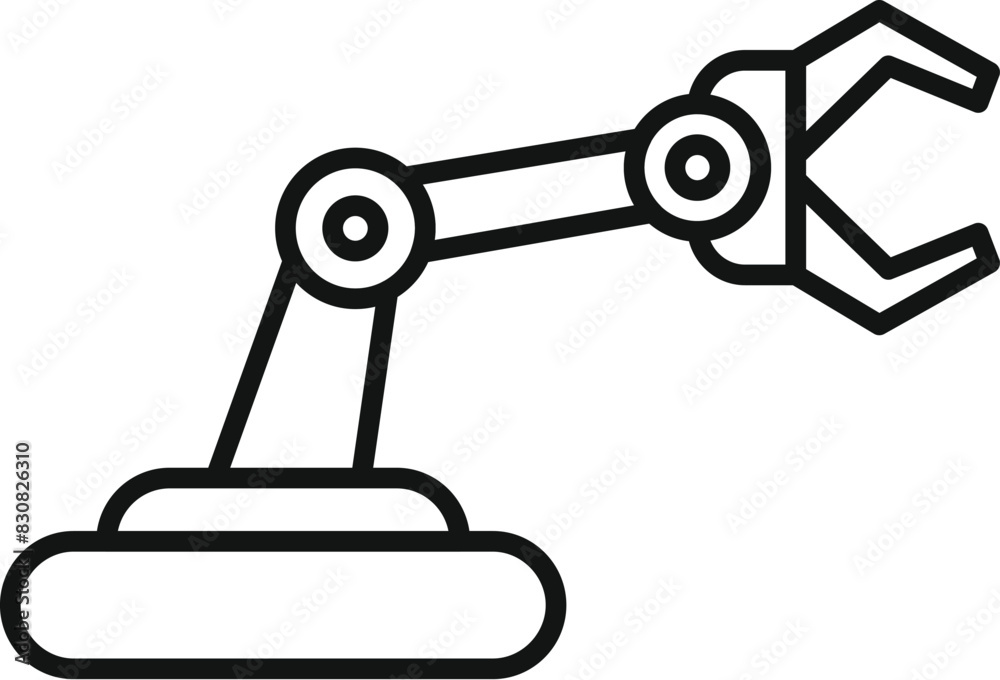 Black and white outline of a simple industrial robotic arm vector icon for automated manufacturing technology illustration Black and white outline of a simple industrial robotic arm vector icon for automated manufacturing technology illustration
